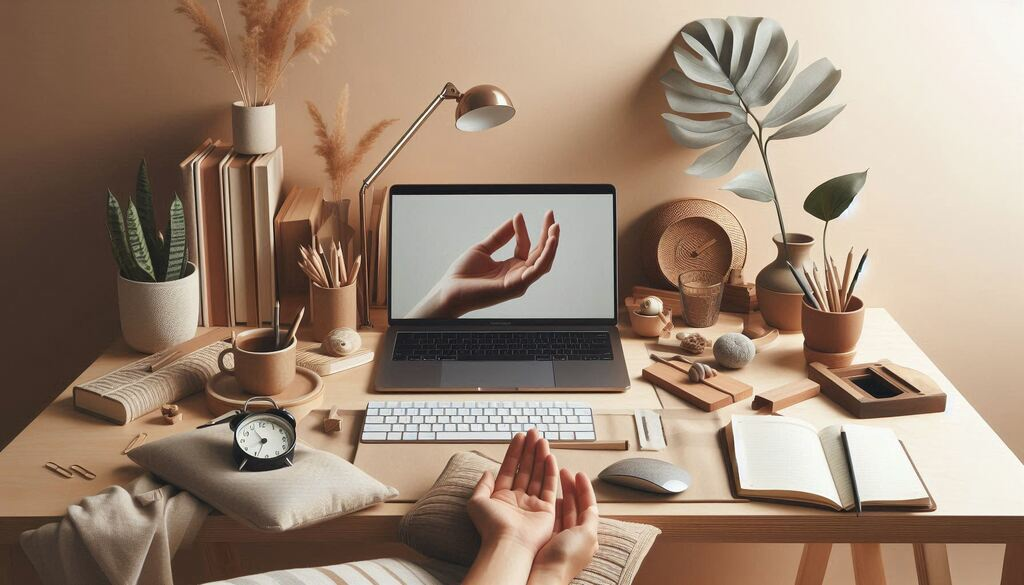 Vizual sa laptopom i analognim satom u jutarnjem ambijentu