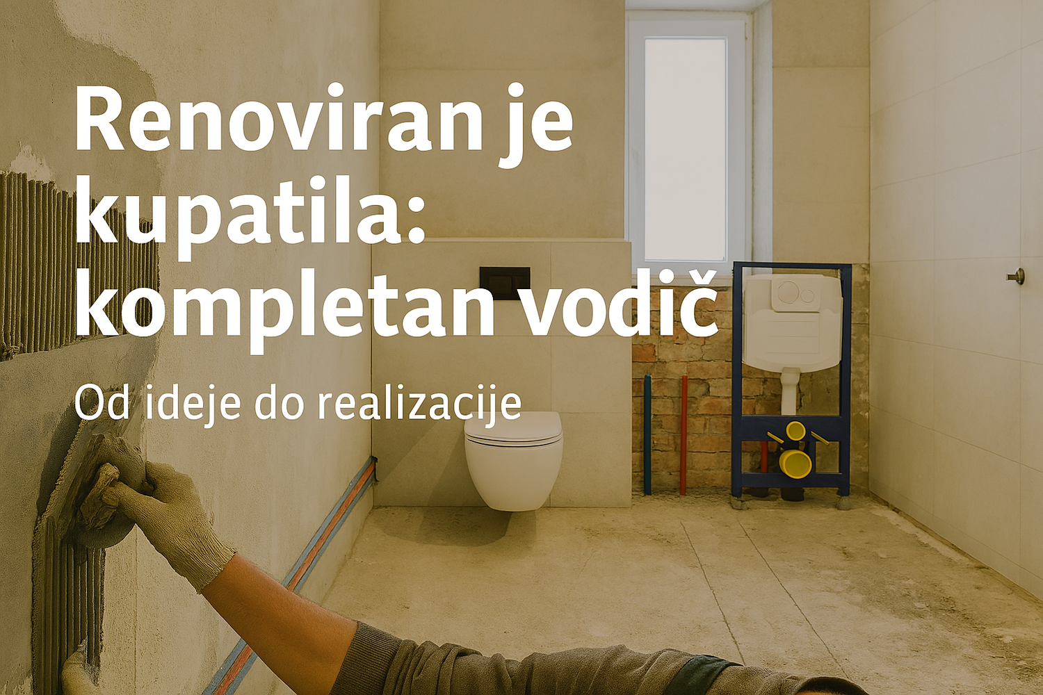 Radovi na renoviranju kupatila u toku, sa prikazom zidne obrade, instalacija i tekstualnim vodičem.