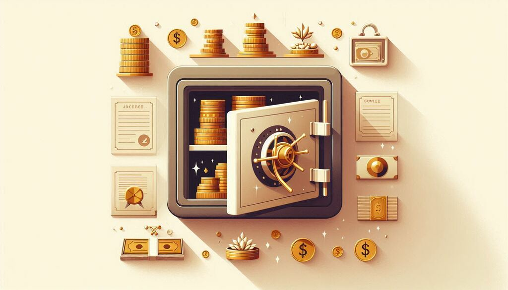 Najbolje prakse za čuvanje vrednih stvari u domu — vizualni vodič. Otvoren kućni sef sa zlatnim polugama, novcem i nakitom — ilustracija bezbednosti doma.