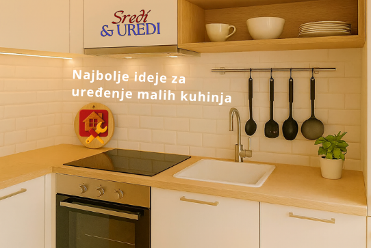 Ugaoni prikaz kompaktne kuhinje sa toplom rasvetom, preklopnim elementima i urednom organizacijom prostora.