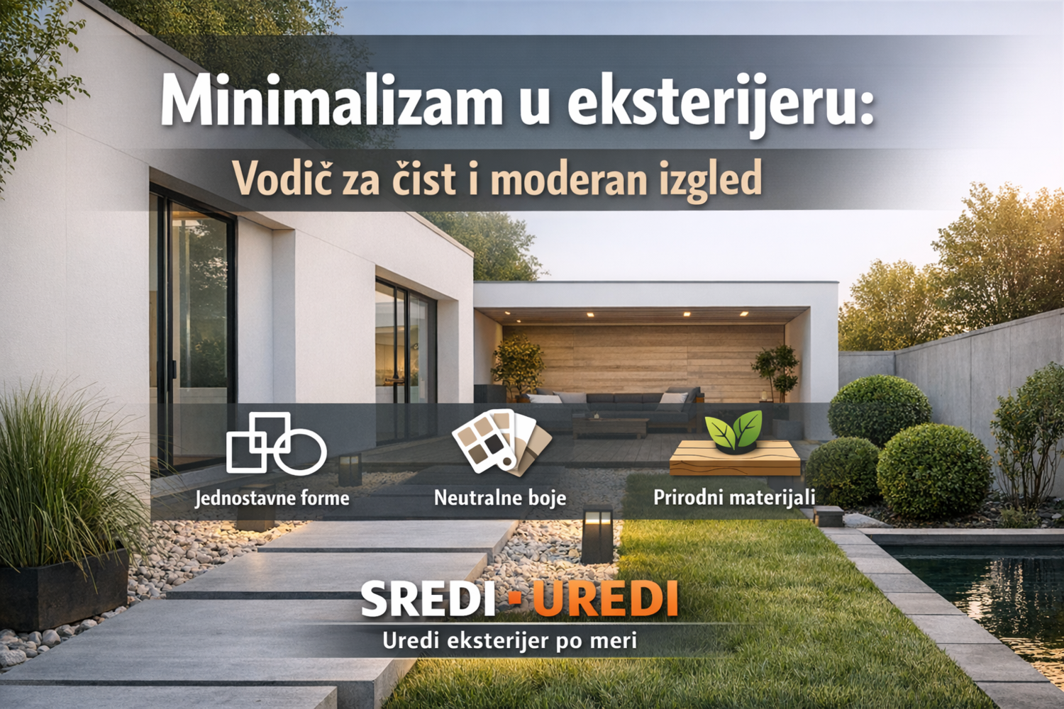 Minimalistički eksterijer sa čistim linijama, neutralnim bojama i prirodnim materijalima — vizual za blog „Minimalizam u eksterijeru“