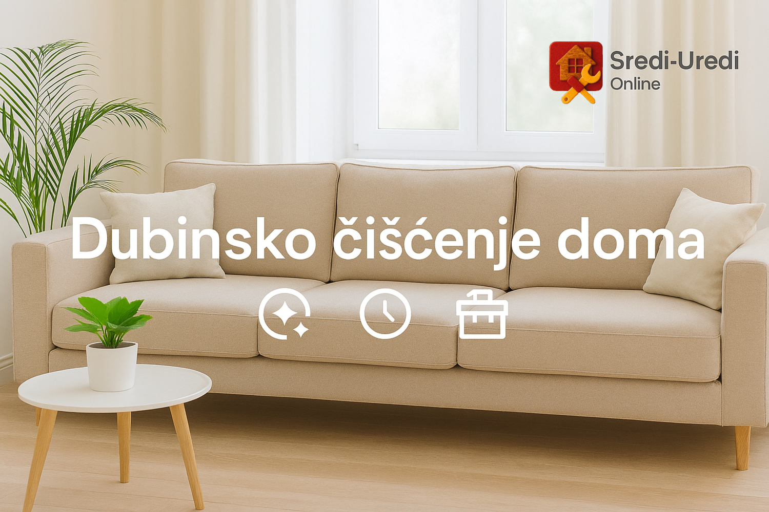 Minimalistički dnevni boravak nakon dubinskog čišćenja – svetla garnitura, prirodna svetlost i ikone čistoće