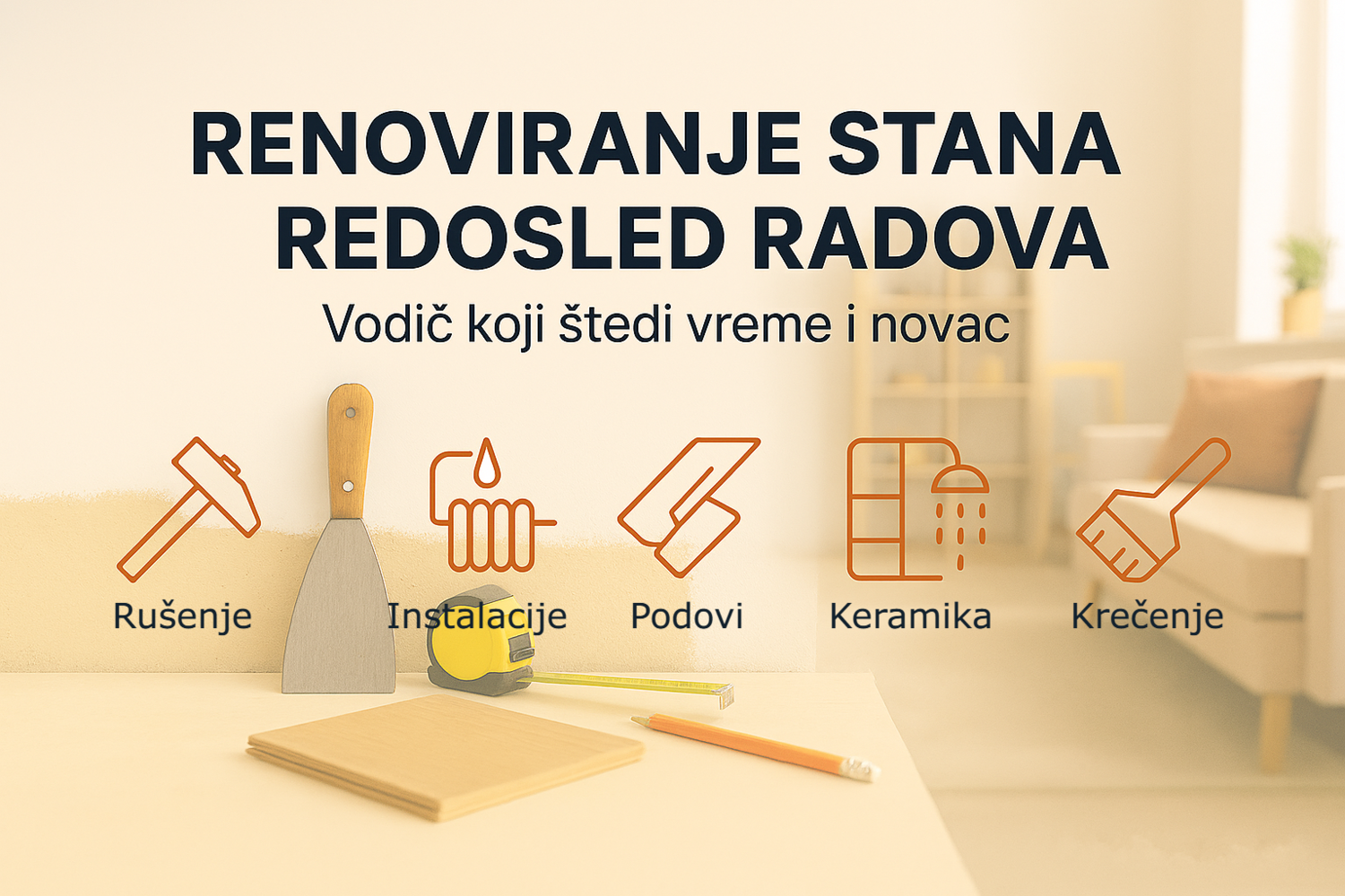 Ilustrativni prikaz faza renoviranja stana kroz stilizovane ikone: rušenje, instalacije, gletovanje, podovi, keramika, krečenje