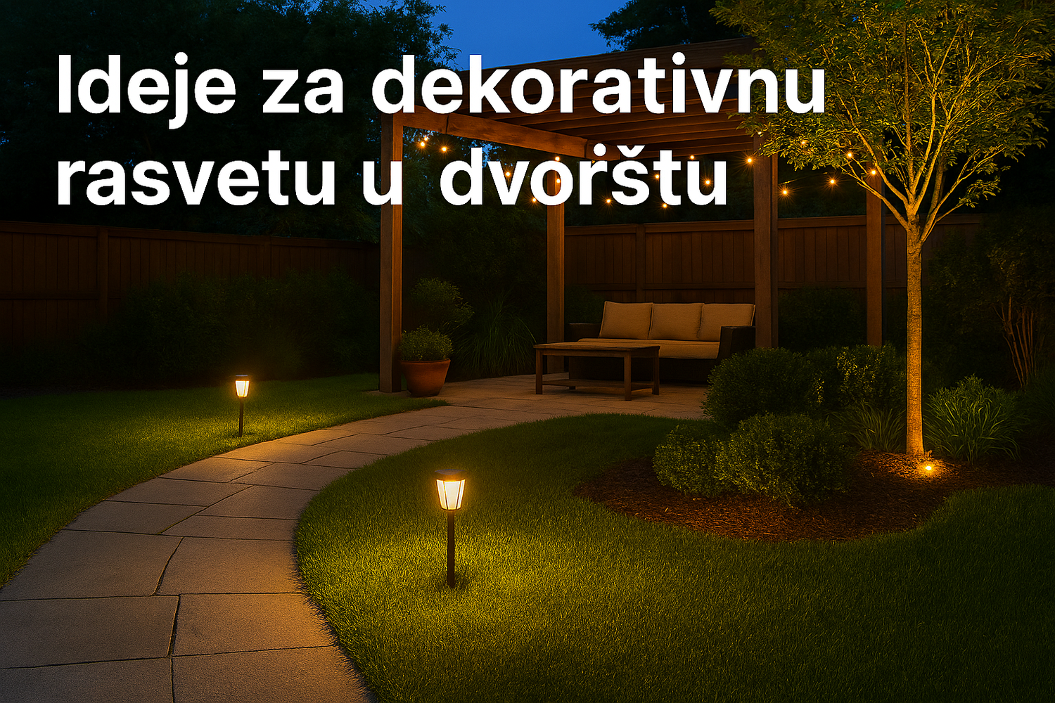 Večernje dvorište sa dekorativnom rasvetom, pergolom i solarnim lampama uz stazu