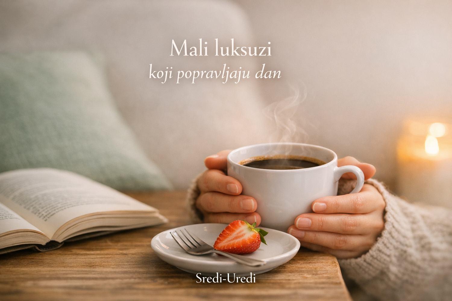 Mali luksuzi koji popravljaju dan — vizual za blog „Napravi pauzu“ na Sredi‑Uredi Ruke u toplom džemperu koje drže šolju kafe — emotivni trenutak mira i malog luksuza