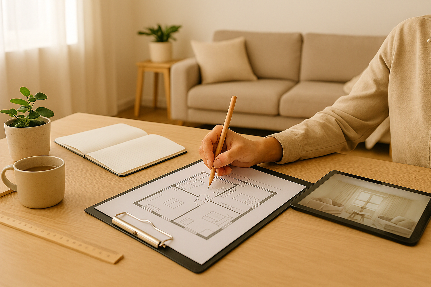 Planiranje građevinskih radova u toplom enterijeru: ruka sa olovkom iznad nacrta na stolu, tablet sa prikazom sobe, šolja kafe, biljka i svetao dnevni boravak u pozadini.