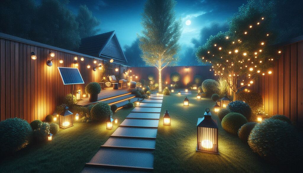 Inspirativna scena dvorišta sa rasvetom za staze, biljke i zonu za sedenje