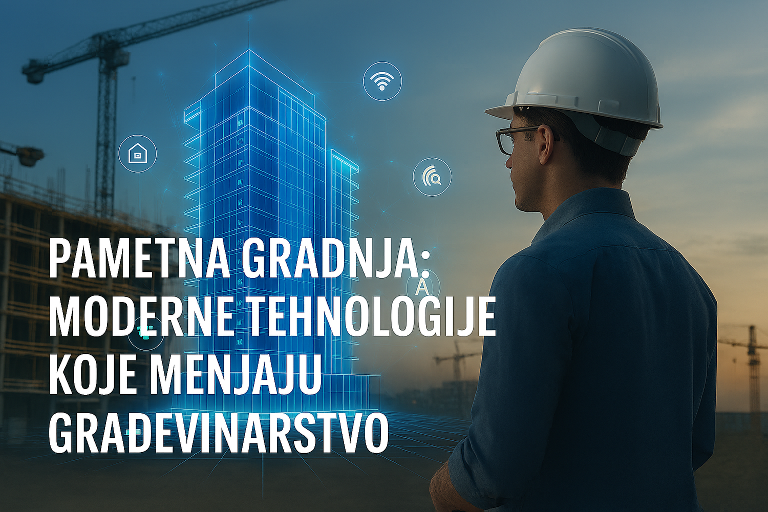 Digitalni 3D model zgrade iznad gradilišta sa arhitektom koji koristi moderne tehnologije za pametnu gradnju