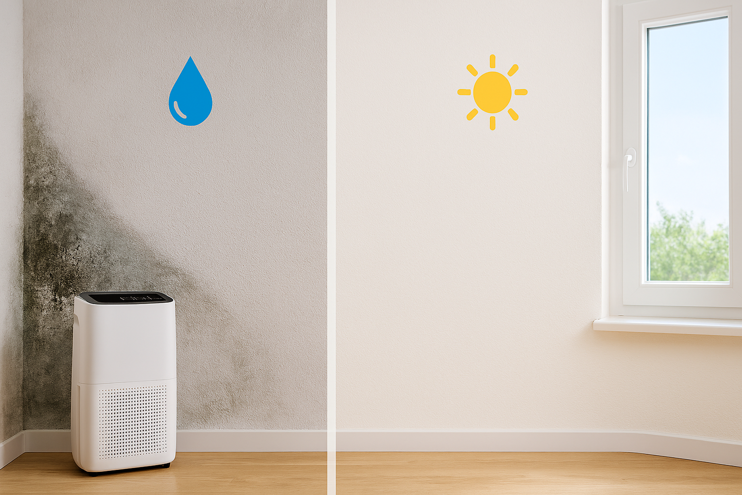 Zid u stanu pre i posle tretmana protiv vlage i buđi — levo mrlje i odvlaživač, desno čista površina i otvoren prozor sa suncem.