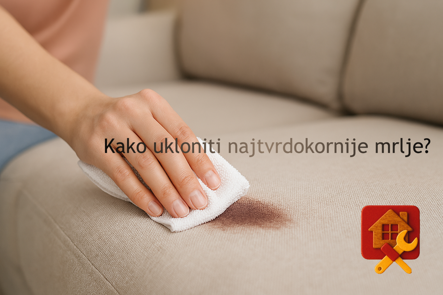 Ruka briše mrlju od vina sa svetlog kauča pomoću bele krpe, u procesu dubinskog čišćenja.