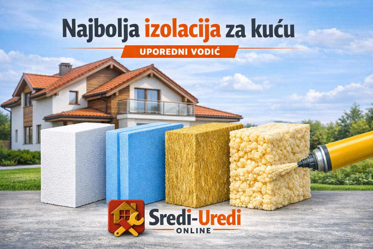 Vizualni prikaz izolacionih materijala ispred porodične kuće, sa brendom Sredi‑Uredi Online