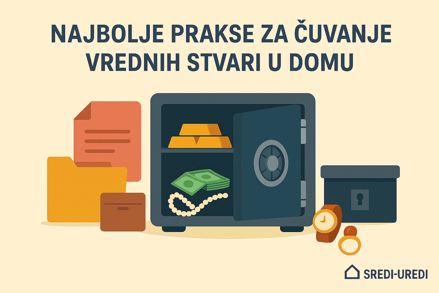 Sef i dragocenosti — ilustracija sigurnosnih saveta za vaš dom. Vizuelni prikaz najboljih praksi za čuvanje dragocenosti u kući, sa sefom i vrednim predmetima.