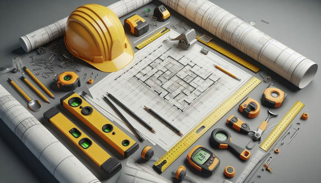 Građevinski plan i građevinskim alatima na svetlom stolu – ilustracija grešaka u gradnji