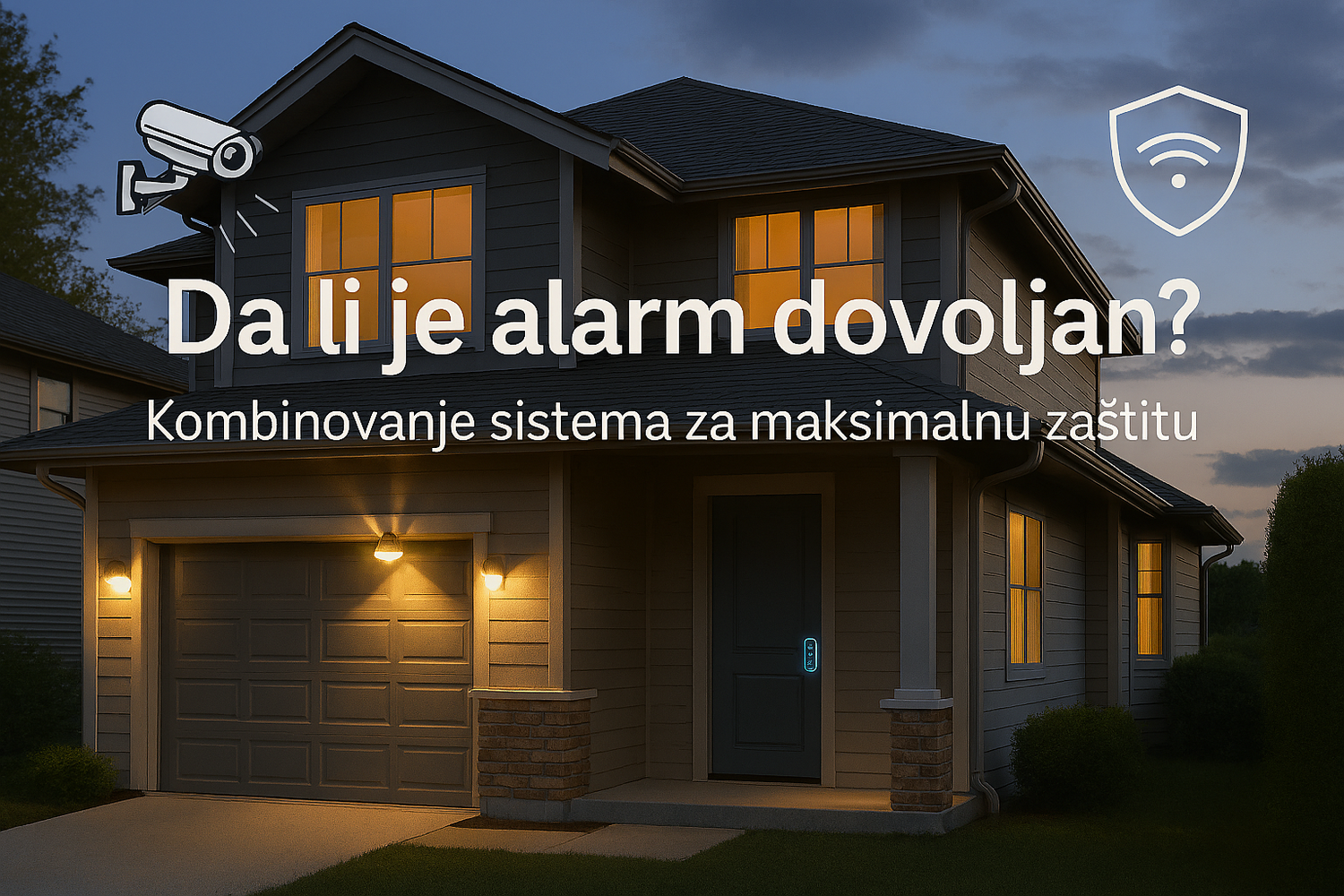 Da li je alarm dovoljan? Kombinovanje sistema za maksimalnu zaštitu doma Realistična fotografija kuće u sumrak sa aktivnim sigurnosnim sistemima — kamera, reflektor, pametna brava i osvetljeni prozori.
