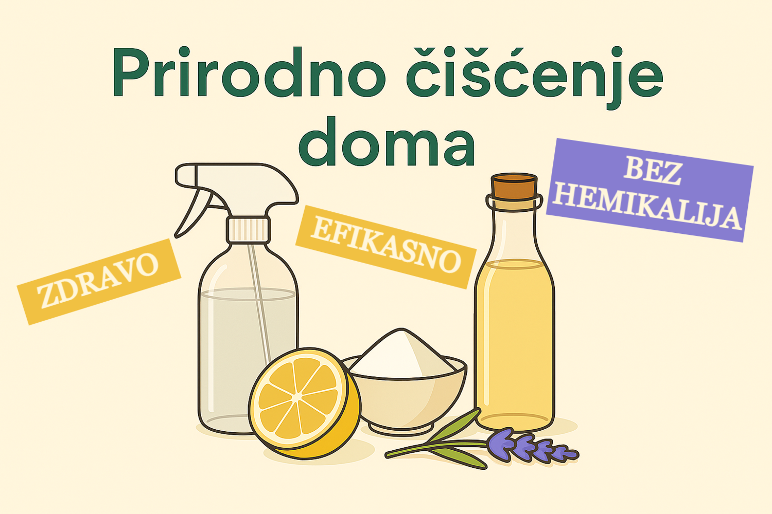 Vizuelni prikaz prirodnih preparata za čišćenje doma – ilustracija u ravnom stilu sa centralnim tekstom Ilustracija prirodnih sredstava za čišćenje doma: sprej, limun, soda bikarbona, sirće i lavanda raspoređeni oko centralnog teksta