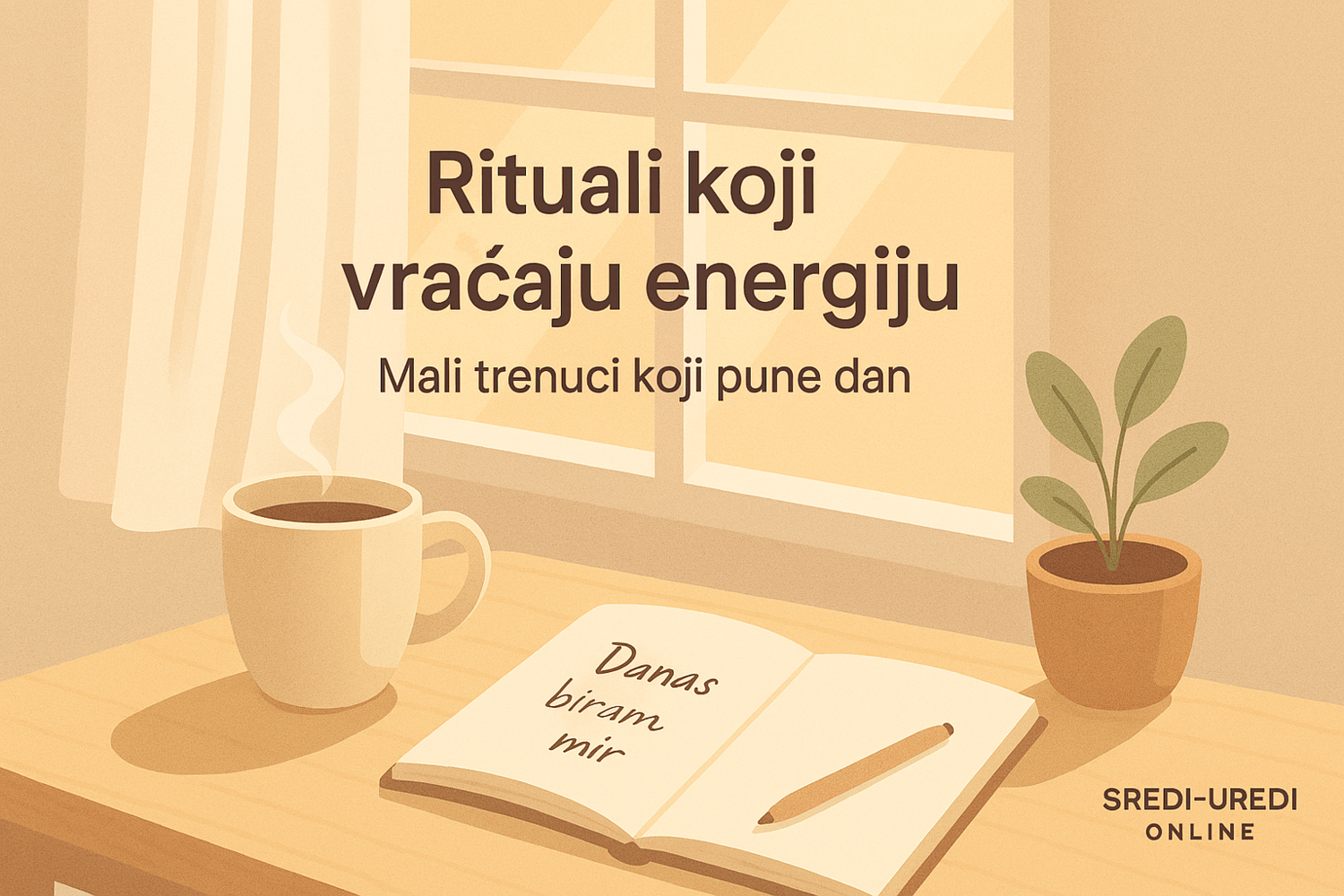 Šolja kafe, otvorena beležnica sa porukom ‘Danas biram mir’ i jutarnje svetlo kroz prozor — minimalistički vizual koji oslikava mirnu jutarnju rutinu.