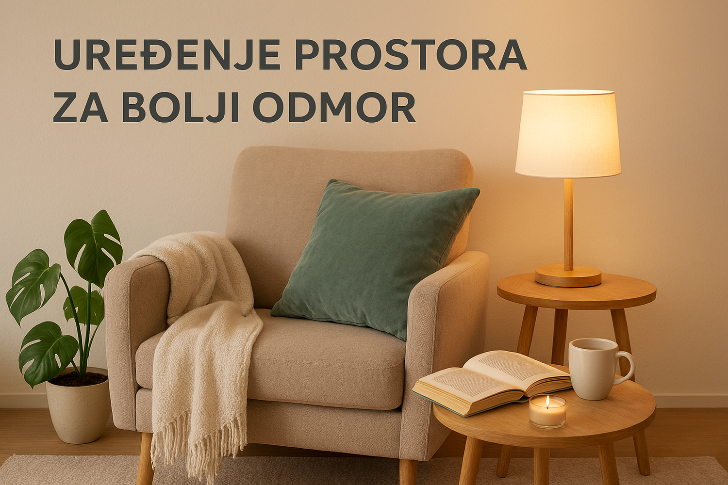 Minimalistički kutak za pauzu sa foteljom, biljkom i toplim svetlom