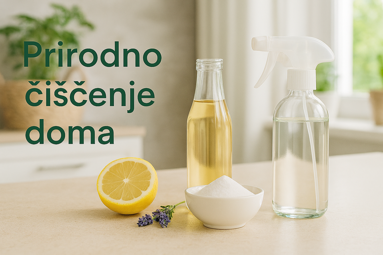 Prirodni sastojci za čišćenje doma: sirće, limun, soda bikarbona, lavanda i sprej na svetloj kuhinjskoj površini