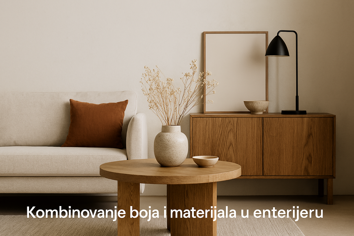 Neutralni enterijer sa bež sofom, drvenim stolom i rustičnim dekorom u svetlom ambijentu