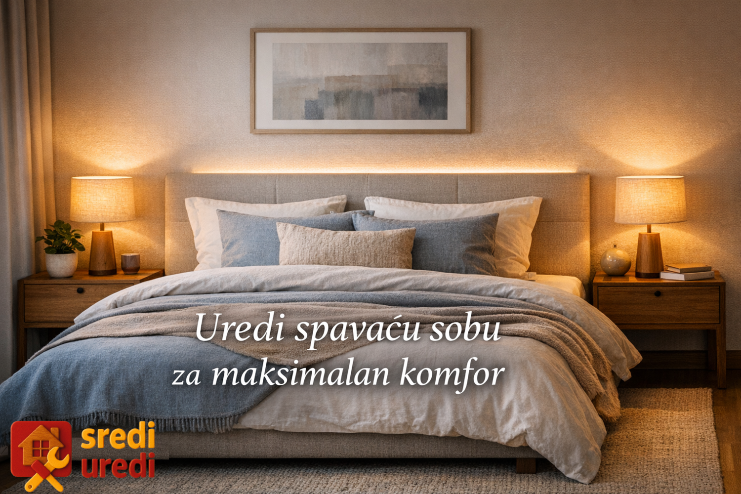 Inspiracija za uređenje spavaće sobe – maksimalan komfor uz neutralne tonove i ambijentalno svetlo Moderni enterijer spavaće sobe sa toplim osvetljenjem, slojevitom posteljinom i drvenim detaljima – vizuelni prikaz komfora i mira