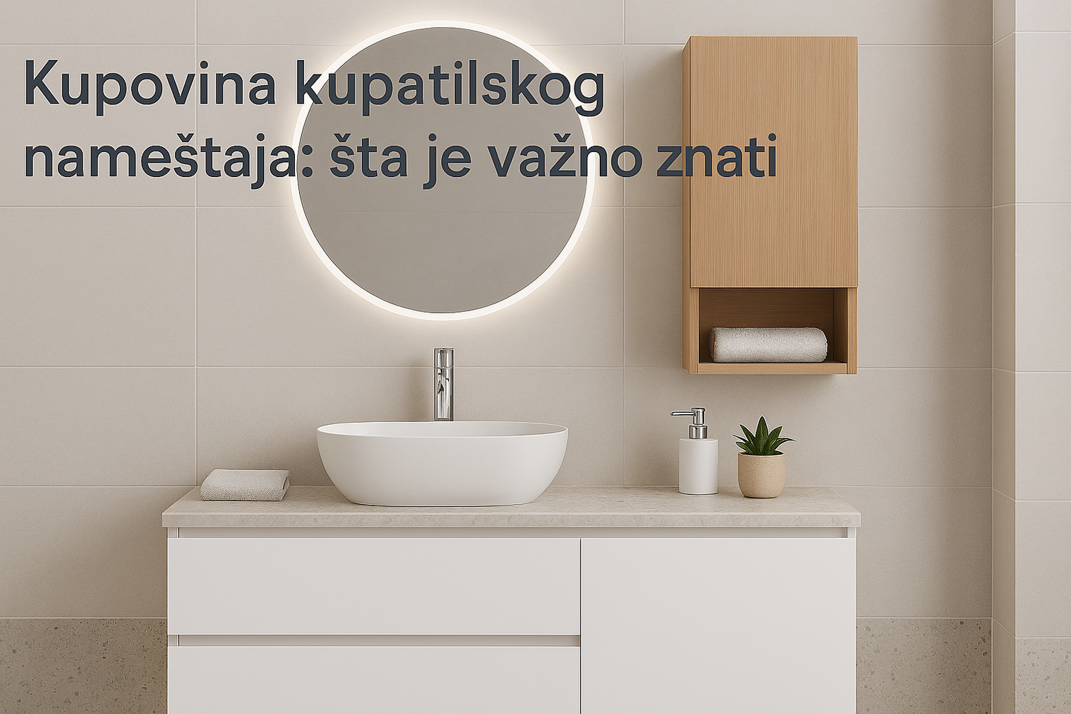 Moderni MDF kupatilski ormarić sa nadgradnim lavaboom, LED ogledalom i zidnim drvenim ormarićem u svetlom kupatilu