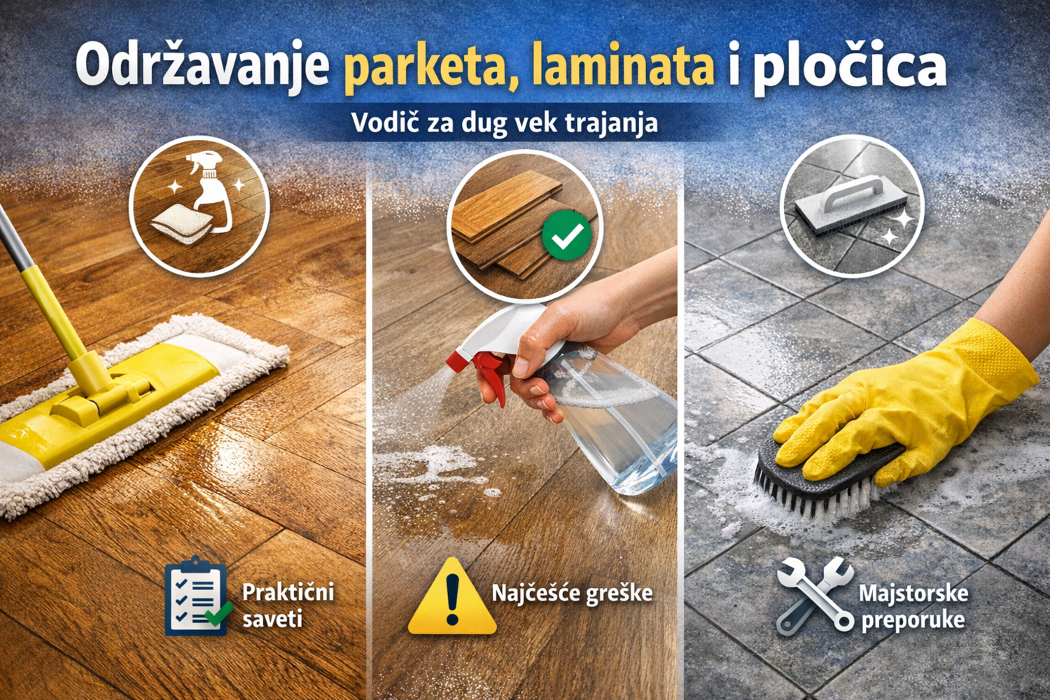 Održavanje podova — praktični saveti, najčešće greške i preporuke za dug vek trajanja. Vizualni vodič za održavanje parketa, laminata i pločica sa prikazom čišćenja, saveta, grešaka i majstorskih preporuka.