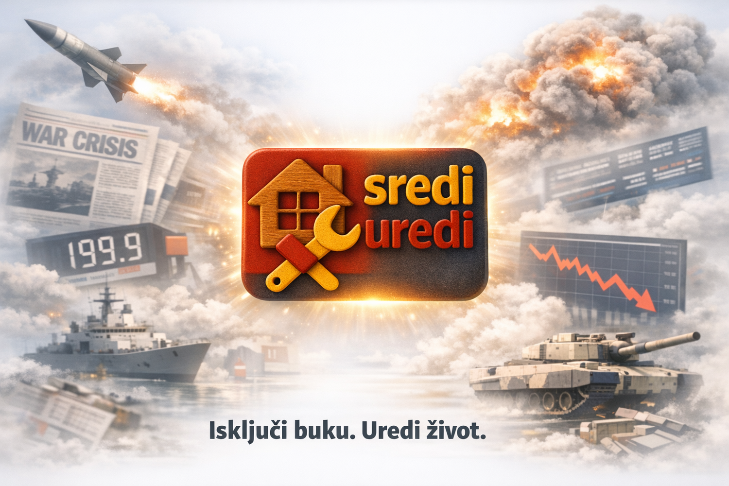 Sredi‑Uredi: Tvoj mir u svetu buke. Isključi haos. Uredi život. Logo Sredi‑Uredi u centru svetlog vizuala, okružen nežno zamućenim scenama globalnog haosa — raketama, eksplozijama, cenama goriva i padom tržišta. Poruka na dnu: ‘Isključi buku. Uredi život.’