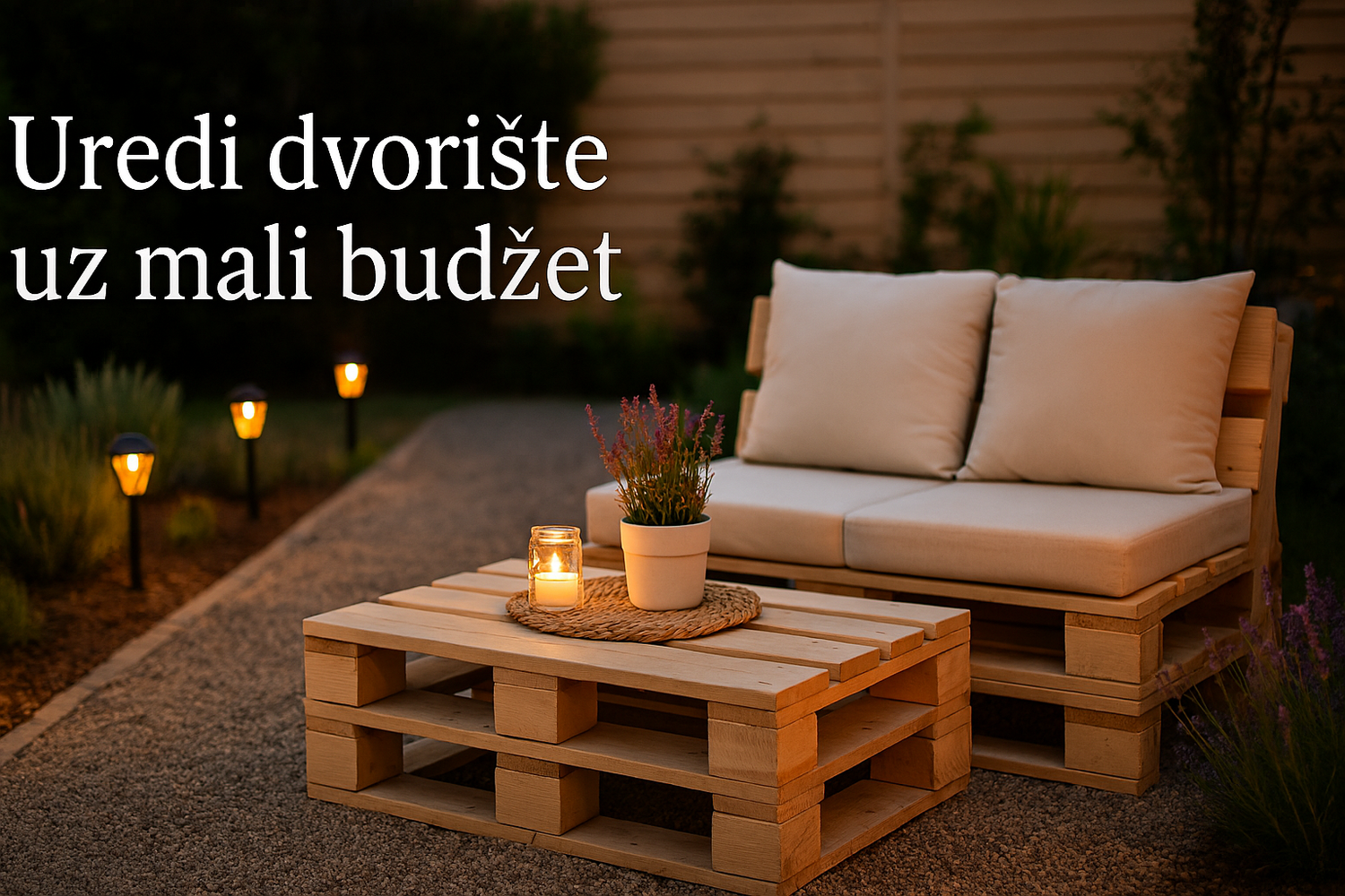 Uređeno dvorište sa nameštajem od paleta, solarna rasveta i lavanda u večernjoj atmosferi