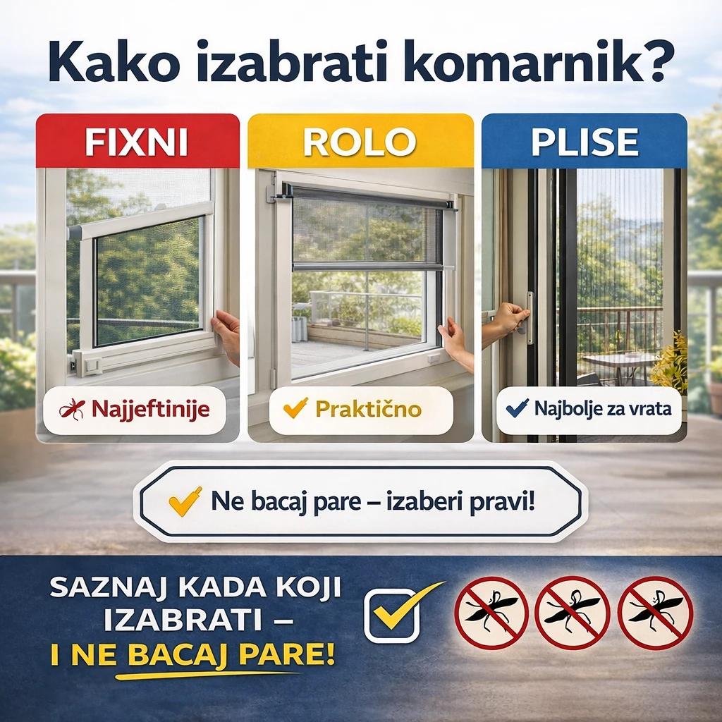 Kako izabrati komarnike za prozore i vrata – poređenje fiksnih, rolo i plise komarnika