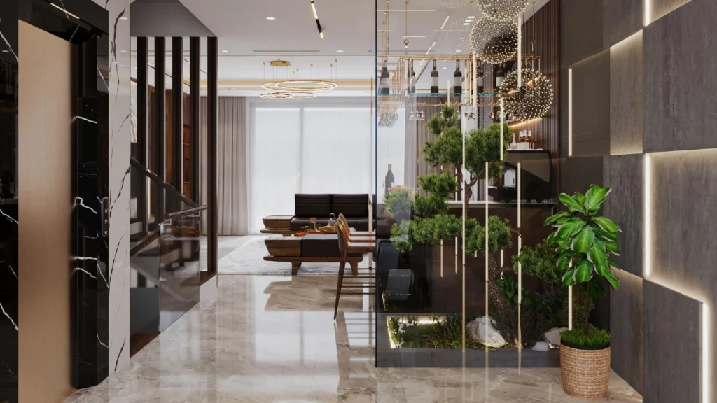 Moderan enterijer koji koristi vertikalne linije, staklene pregrade i mermerne podove kao trikove za vizuelno povećanje malog stana.