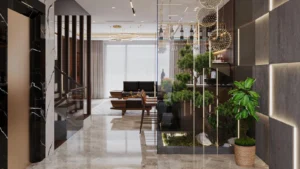 Moderan enterijer koji koristi vertikalne linije, staklene pregrade i mermerne podove kao trikove za vizuelno povećanje malog stana.