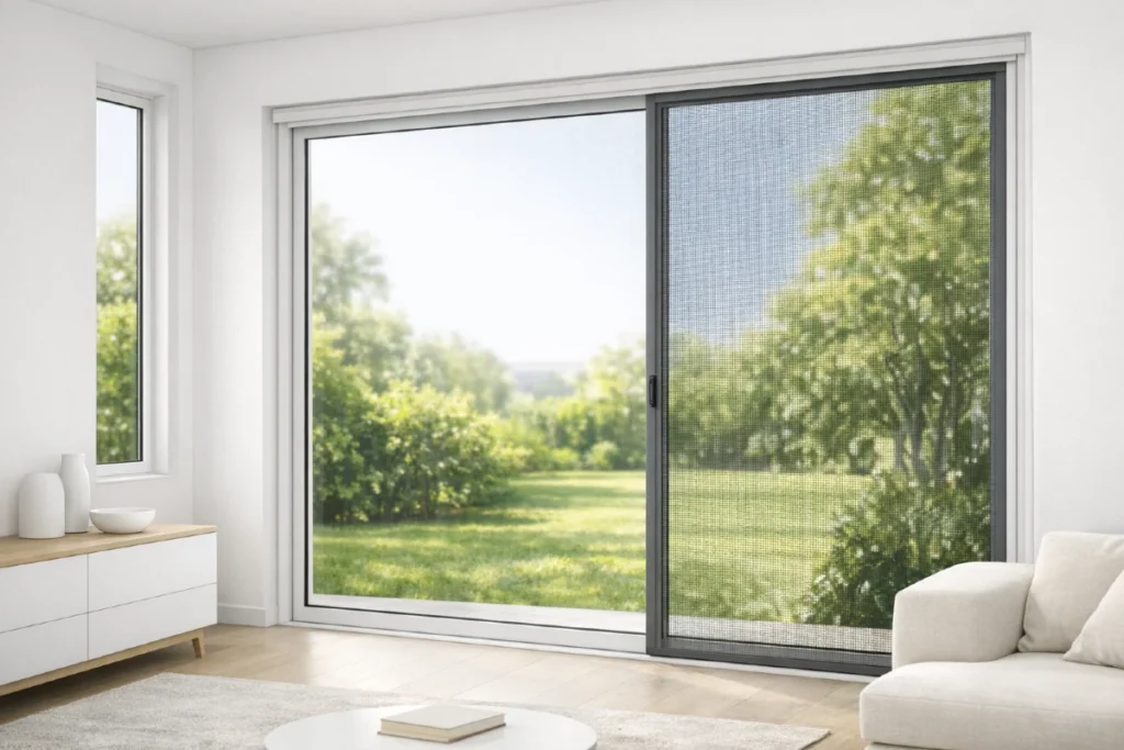 Moderni prozor sa komarnikom u svetlom minimalističkom enterijeru