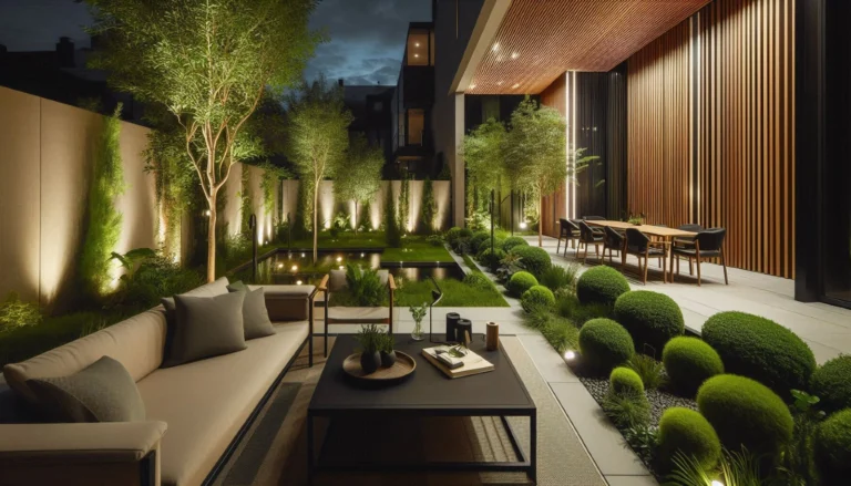 Moderno uređenje dvorišta sa ambijentalnom rasvetom i elegantnim spoljnim nameštajem