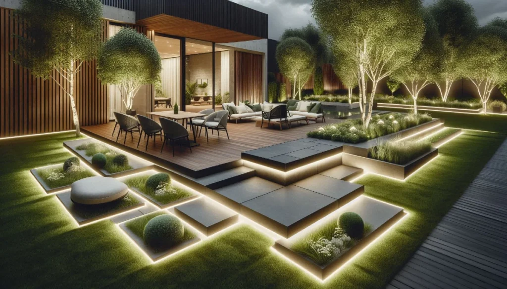 Moderno uređenje dvorišta sa LED rasvetom, drvenim podovima i dekorativnim zelenilom
