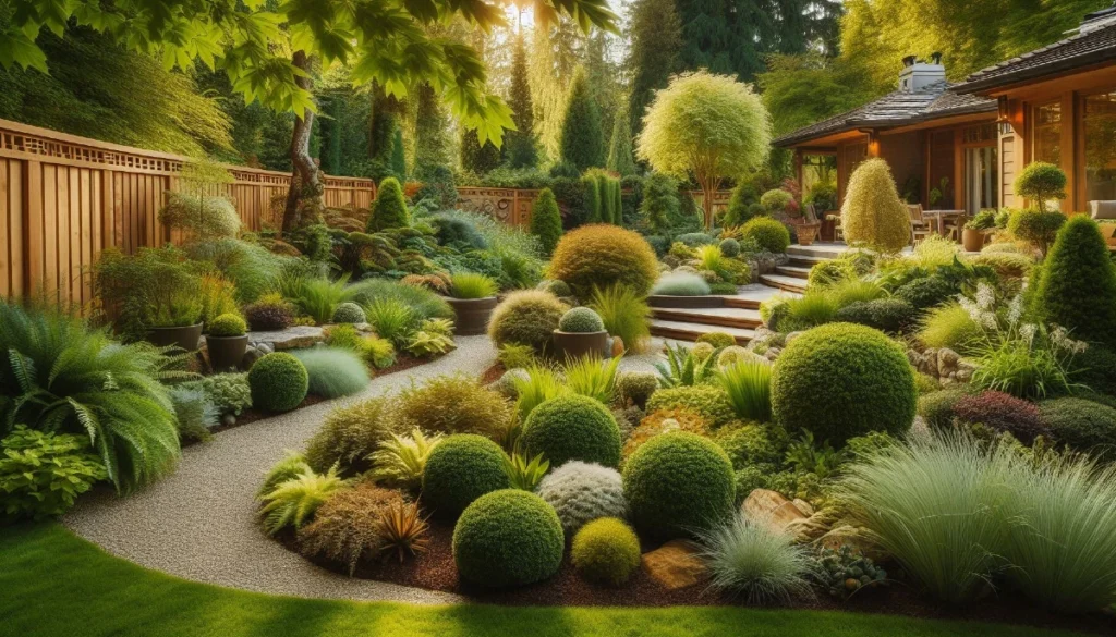 Moderno uređeno dvorište sa biljkama, drvenim elementima i uređenim stazama