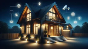 Pametni dom noću sa osvetljenjem i integrisanim bezbednosnim sistemima