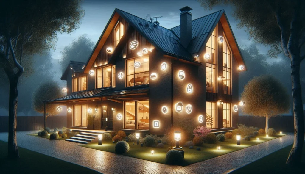 Pametni dom noću sa osvetljenjem i integrisanim smart bezbednosnim sistemima