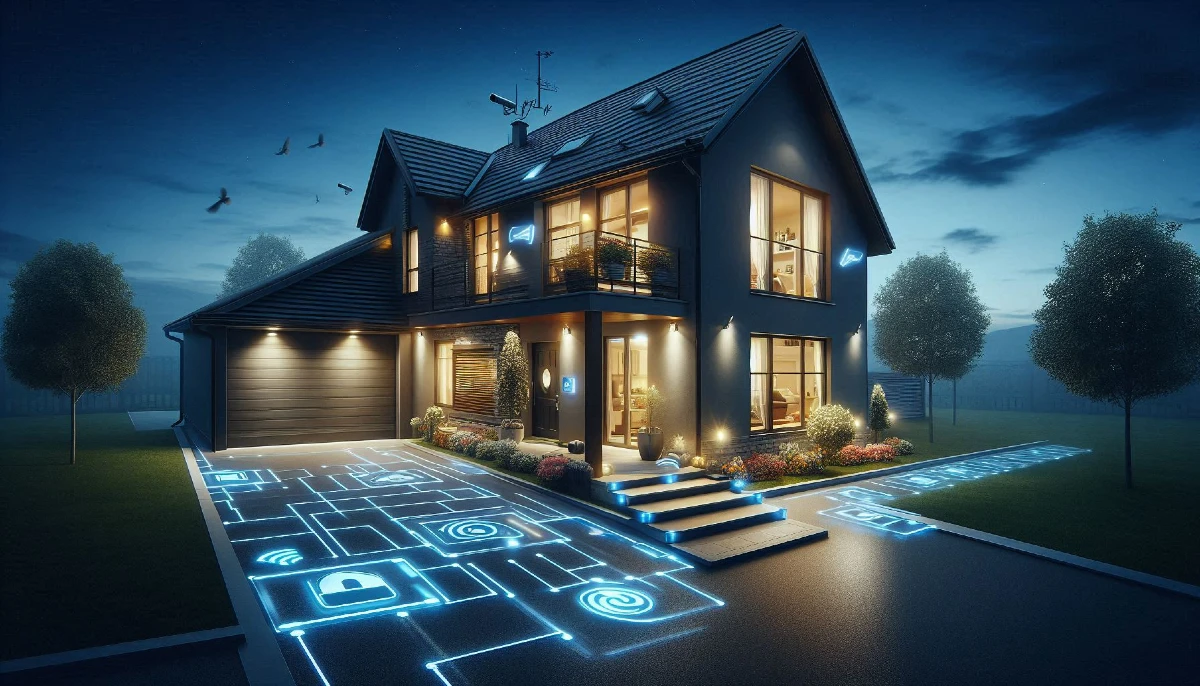 Pametni dom noću sa osvetljenjem i digitalnim prikazom smart bezbednosnih sistema