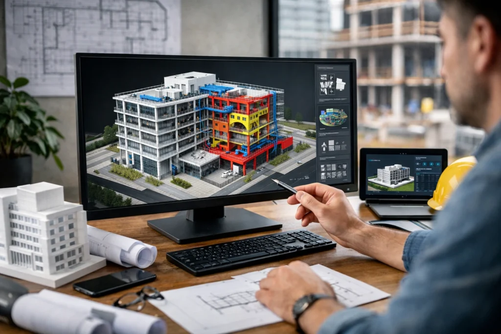 3D digitalni model zgrade na ekranu arhitekte