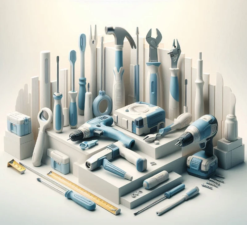 Set osnovnih alata za kućne popravke Organizovan set alata za kućne popravke raspoređen na beloj podlozi