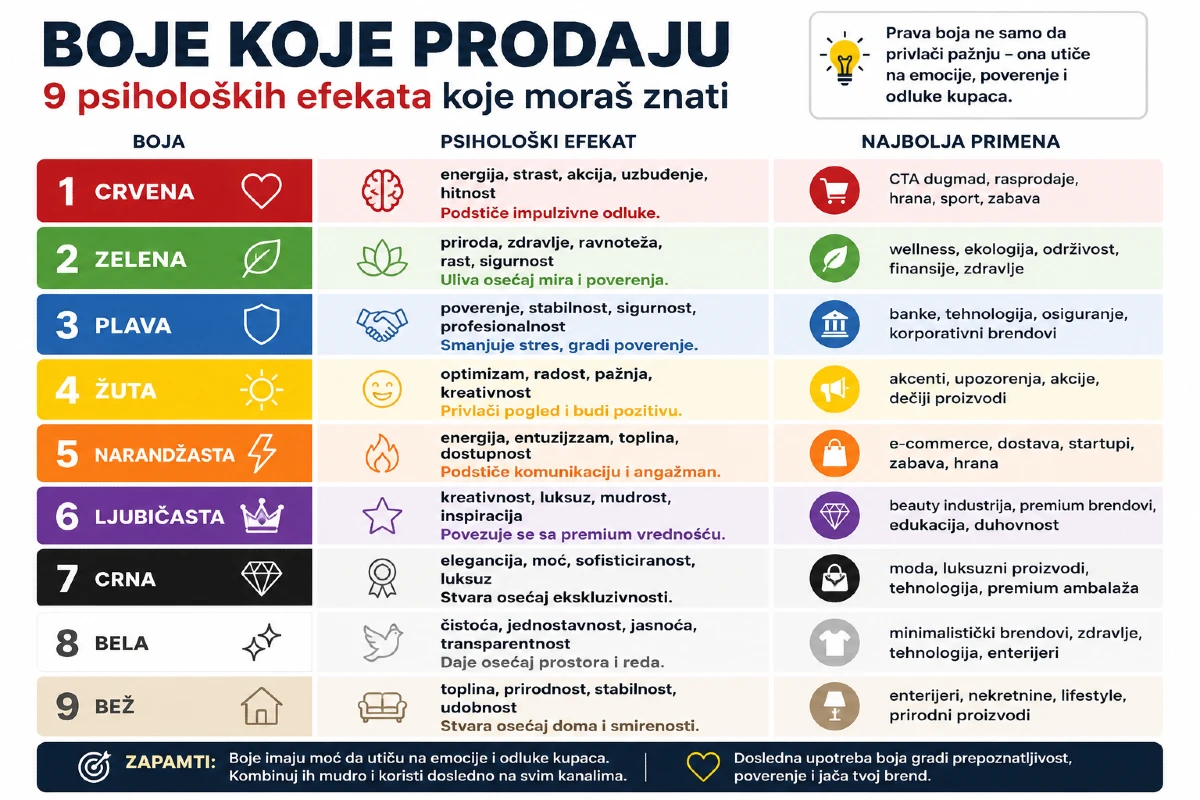 Boje koje prodaju – infografik koji prikazuje psihologiju boja, uticaj boja na emocije i kako boje utiču na kupce prilikom donošenja odluka.