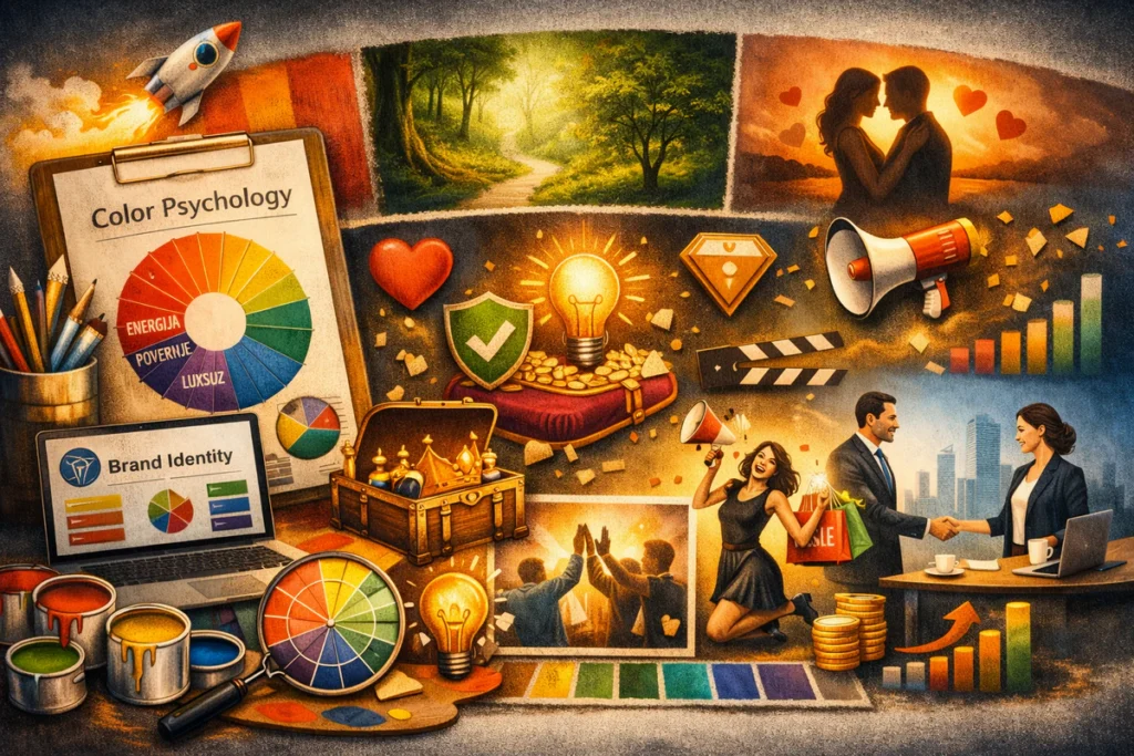 Apstraktna kompozicija boja koja prikazuje psihologiju dizajna, emocije brenda i vizuelni identitet.