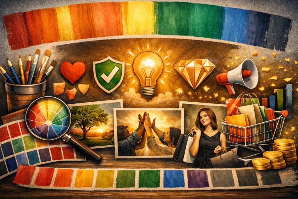 Psihologija boja u marketingu prikazana kroz palete, simbole emocija i dizajnerske elemente.