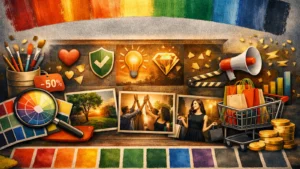 Palete boja i dizajnerski elementi koji prikazuju psihologiju boja u marketingu i brendiranju.