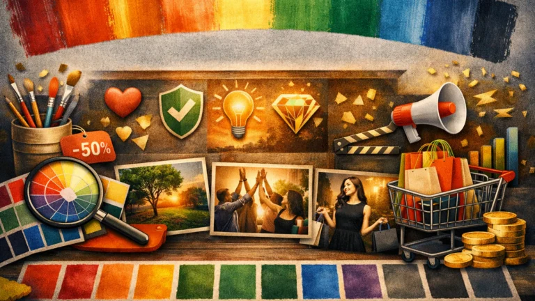 Palete boja i dizajnerski elementi koji prikazuju psihologiju boja u marketingu i brendiranju.