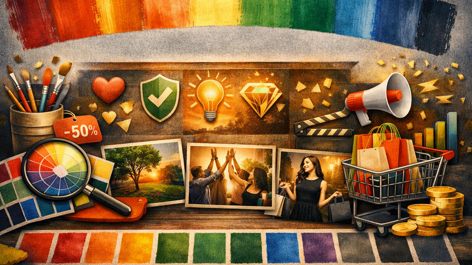 Palete boja i dizajnerski elementi koji prikazuju psihologiju boja u marketingu i brendiranju.