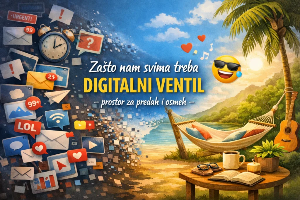 Digitalni ventil – kontrast između digitalnog haosa i prirodnog mira, simbol balansa i predaha