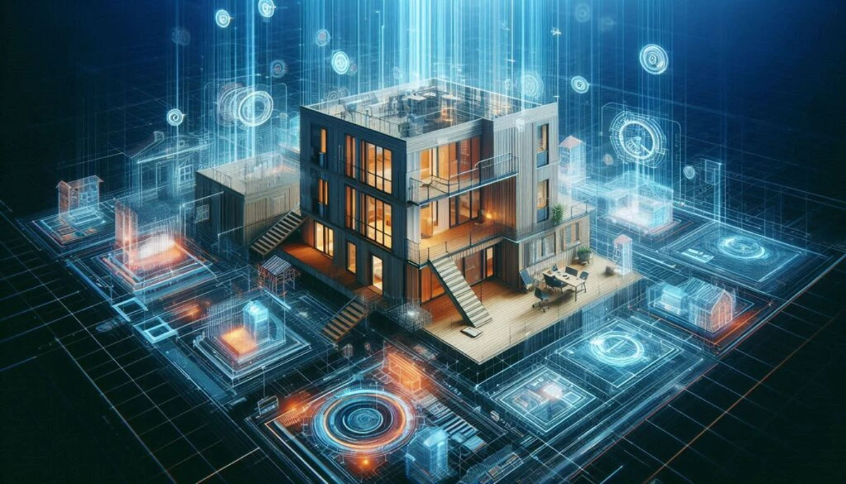 Futuristički 3D prikaz moderne kuće okružene holografskim tehničkim planovima i digitalnim interfejsima, simbol pametne gradnje i savremenih tehnologija u građevinarstvu.