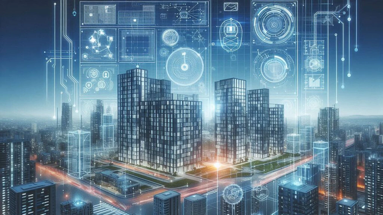 Futuristički vizual pametne gradnje i digitalne infrastrukture, sa modernim neboderima i holografskim elementima koji simbolizuju tehnološki napredak u građevinarstvu.