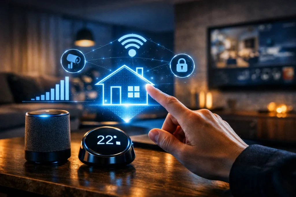 Ruka koja upravlja holografskim interfejsom pametnog doma, uz pametni termostat i zvučnik u modernom prostoru.